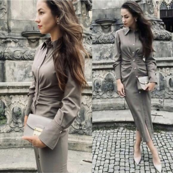 Zara | Blogger Fav Taupe Brown Draped‎ Ruched Front Midi Button-down Dress Sz M - Picture 10 of 12
